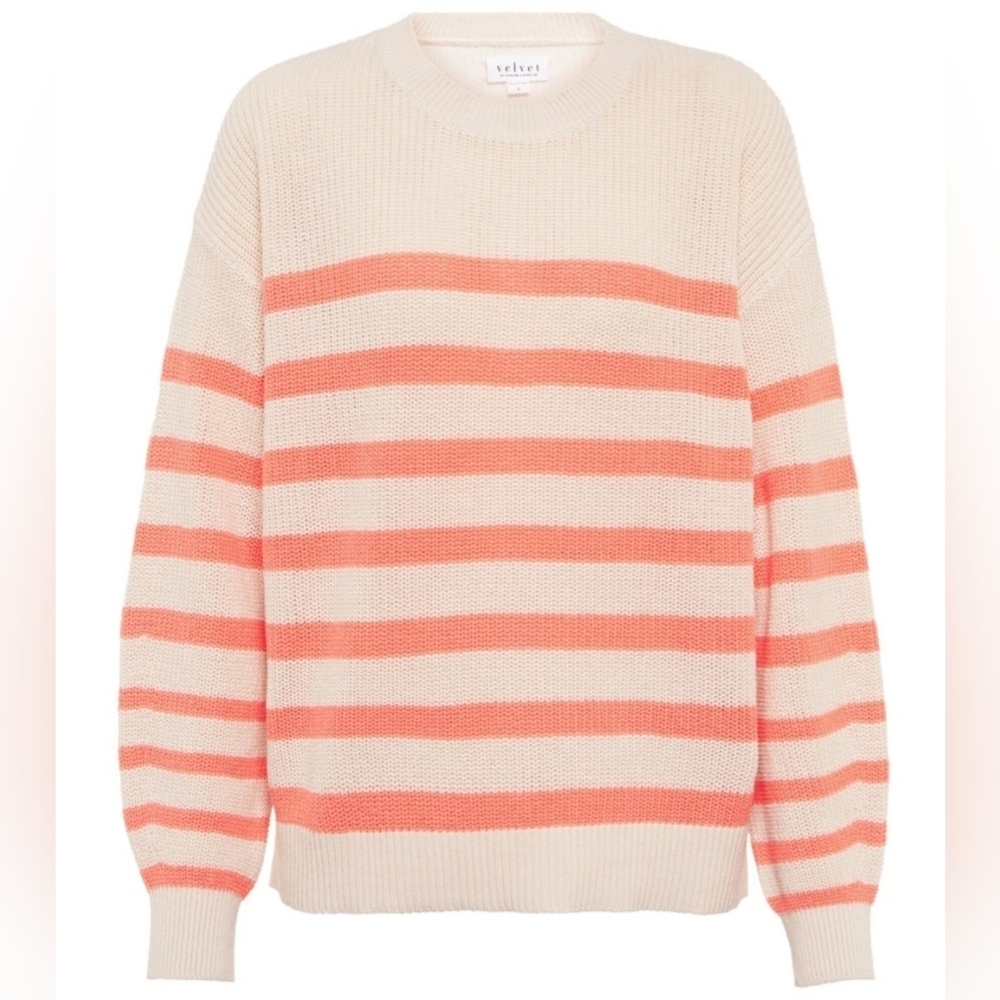 Women's Velvet Graham Spencer Coral Striped Knit Sweater, Size XS 100% Cotton